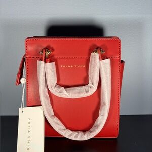 Trina Turk Red Genuine Leather Structured Top-Handle Tote Bag